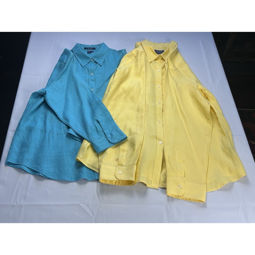 Chaps Linen Shirts XL Yellow Teal Button Up‎ Lightweight Casual Coastal